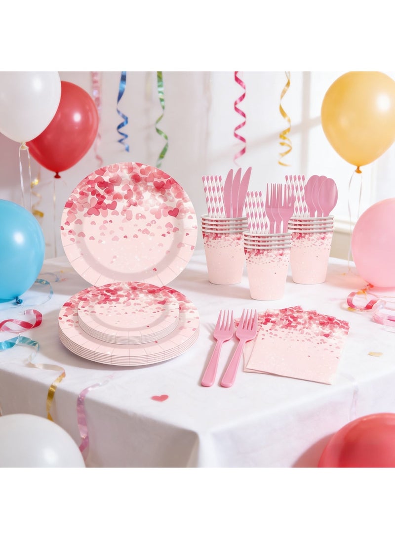 Pink Heart-Shaped Food-Grade Safe Party Tableware Set—Biodegradable, perfect for children’s birthday parties and adult engagement parties. Includes paper plates, cups, and napkins, serving 10 guests. - Image 3