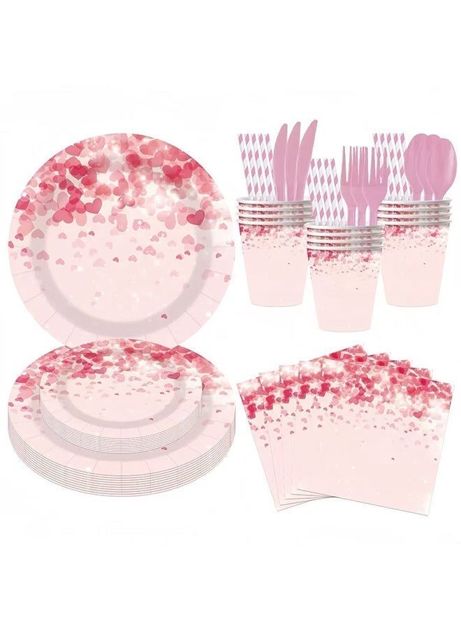 Pink Heart-Shaped Food-Grade Safe Party Tableware Set—Biodegradable, perfect for children’s birthday parties and adult engagement parties. Includes paper plates, cups, and napkins, serving 10 guests. - Image 4