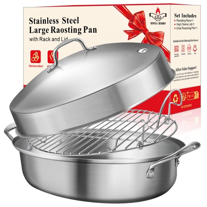 ROASTING PAN 21X13X11 INCH SILVER RECTANGULAR STAINLESS STEEL 25LB CAPACITY TURKEY CHICKEN ROASTER WITH RACK AND LID