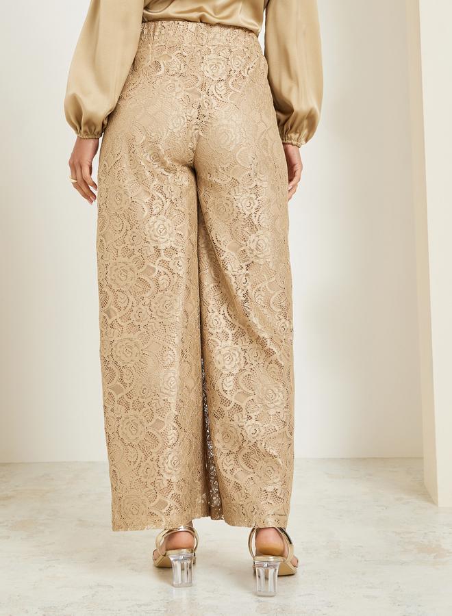 Styli Women Beige Lace Wide Leg Trousers - Image 4