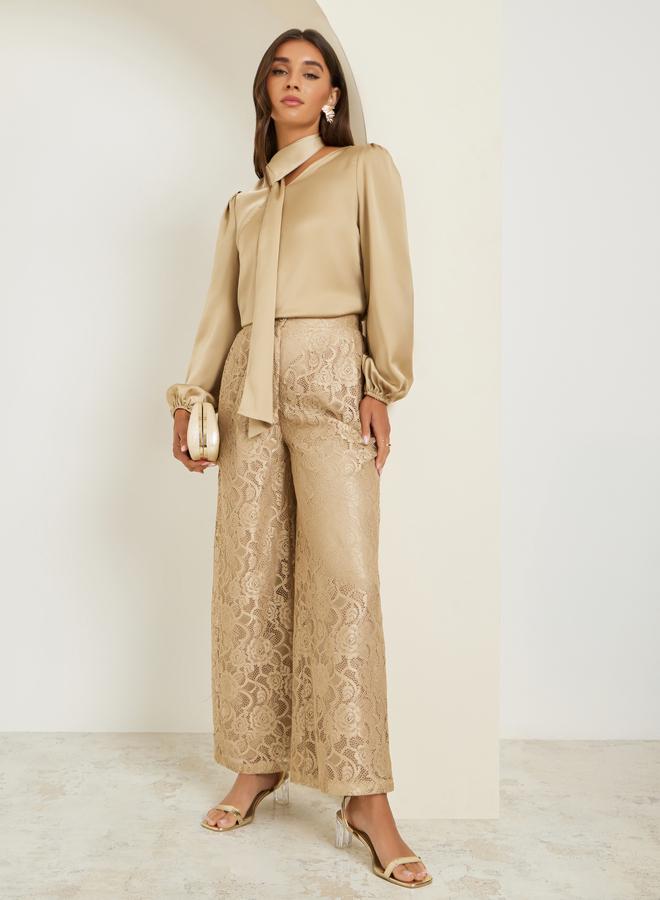Styli Women Beige Lace Wide Leg Trousers - Image 1