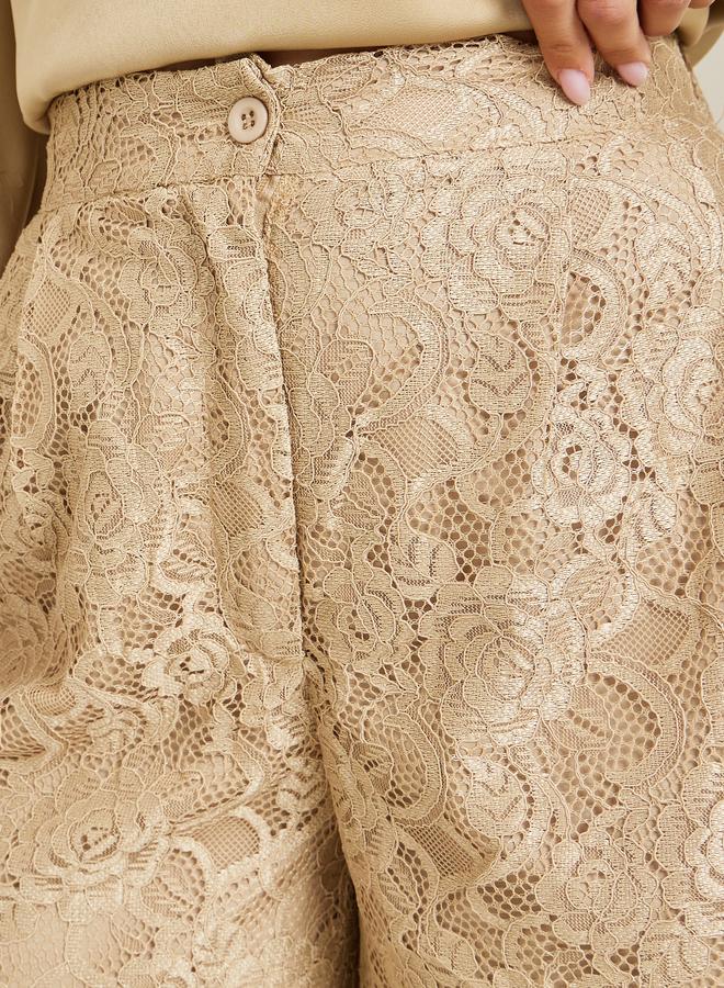 Styli Women Beige Lace Wide Leg Trousers - Image 3