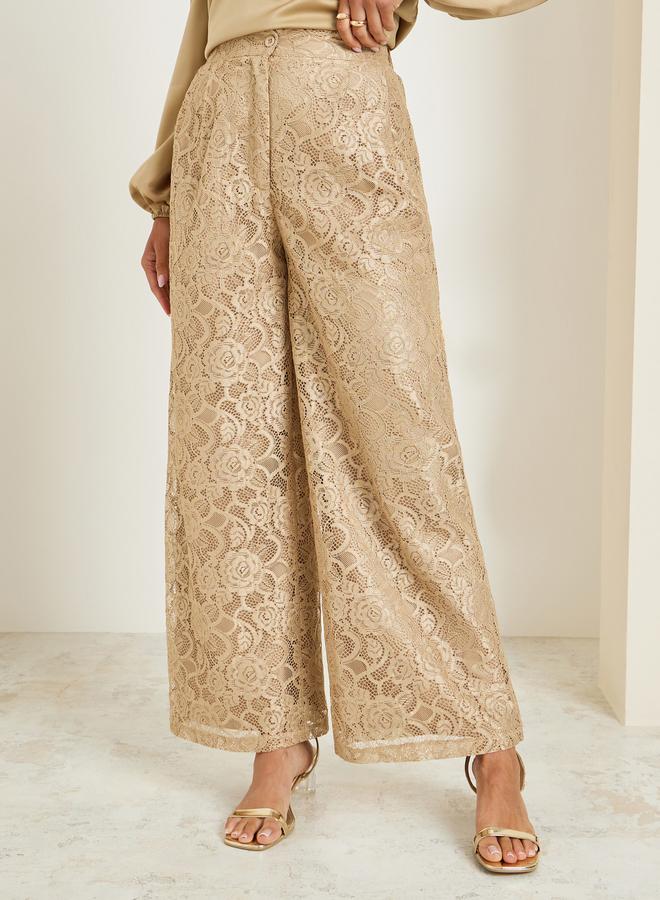 Styli Women Beige Lace Wide Leg Trousers - Image 2