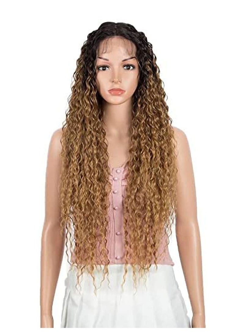 إستيل شعر مستعار أمامي طويل مجعد من الدانتيل مع 13 بوصة × 2.5 بوصة شعر مستعار اصطناعي مقاوم للحرارة لفروة الرأس للنساء 130٪ كثافة (مجعد ، لون عسلي متدرج) - Image 1