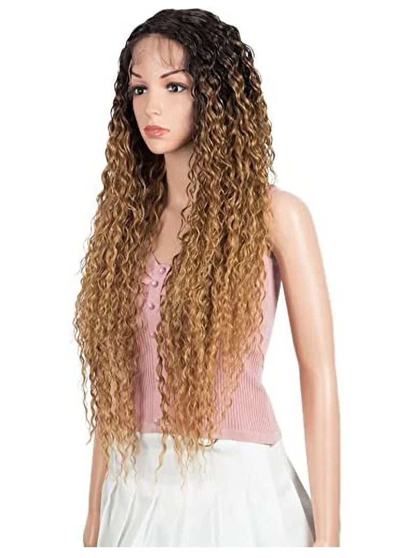 إستيل شعر مستعار أمامي طويل مجعد من الدانتيل مع 13 بوصة × 2.5 بوصة شعر مستعار اصطناعي مقاوم للحرارة لفروة الرأس للنساء 130٪ كثافة (مجعد ، لون عسلي متدرج) - Image 3