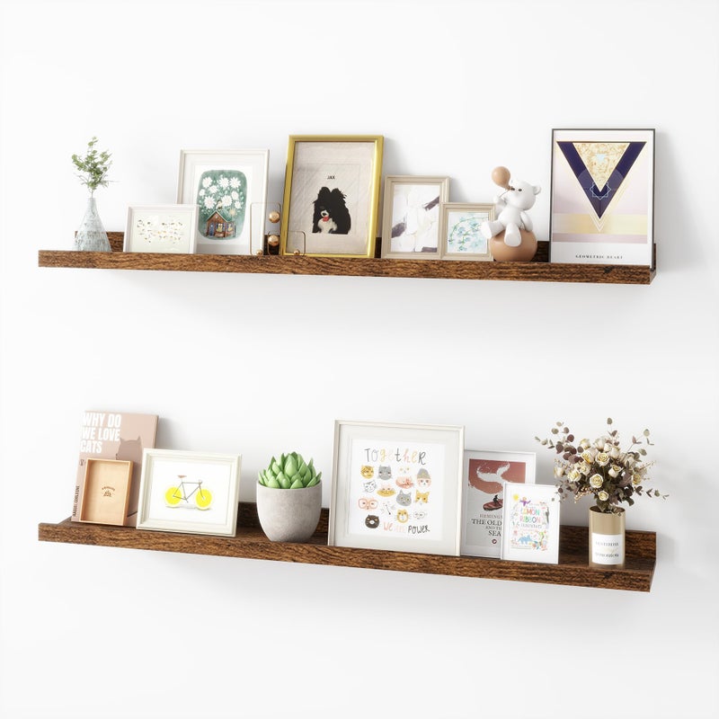 Acovy Picture Ledge Shelf, MDF Wood Floating Shelves Set of 2, Picture Ledge Photo Ledge Wall Mounted for Living Room Kids' Room Bedroom, Color Black (Brown, 36") - Image 1