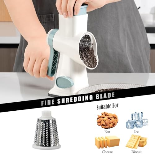 Badelite Cheese Grater Hand Crank Rotating Cheese Shredder Stainless Steel Vegetable Slicer Grater for Kitchen 3 Blades for Cheese, Carrot, Cucumber, Nuts, Chocolate, White - Image 4