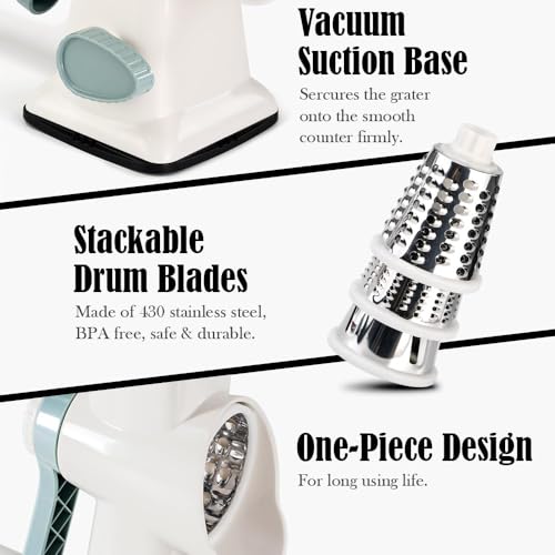Badelite Cheese Grater Hand Crank Rotating Cheese Shredder Stainless Steel Vegetable Slicer Grater for Kitchen 3 Blades for Cheese, Carrot, Cucumber, Nuts, Chocolate, White - Image 5