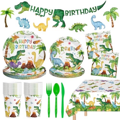 Litmitfu 170 Pcs Dinosaur Birthday Decorations Jungle Dino Party Supplies Sets Includes Happy Birthday Dinner Plates Napkins Flatware Banners and Cups for Dinosaur Party Decorations Favors Serves 24 - Image 1