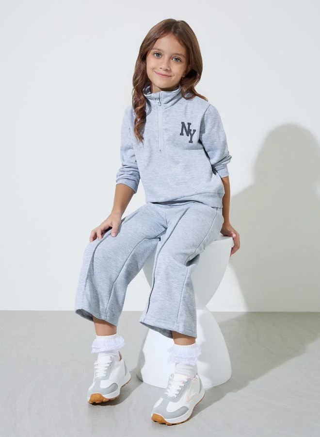 Styli Grey NY High Neck Sweatshirt and Pintuck Detail Wide Leg Joggers Set