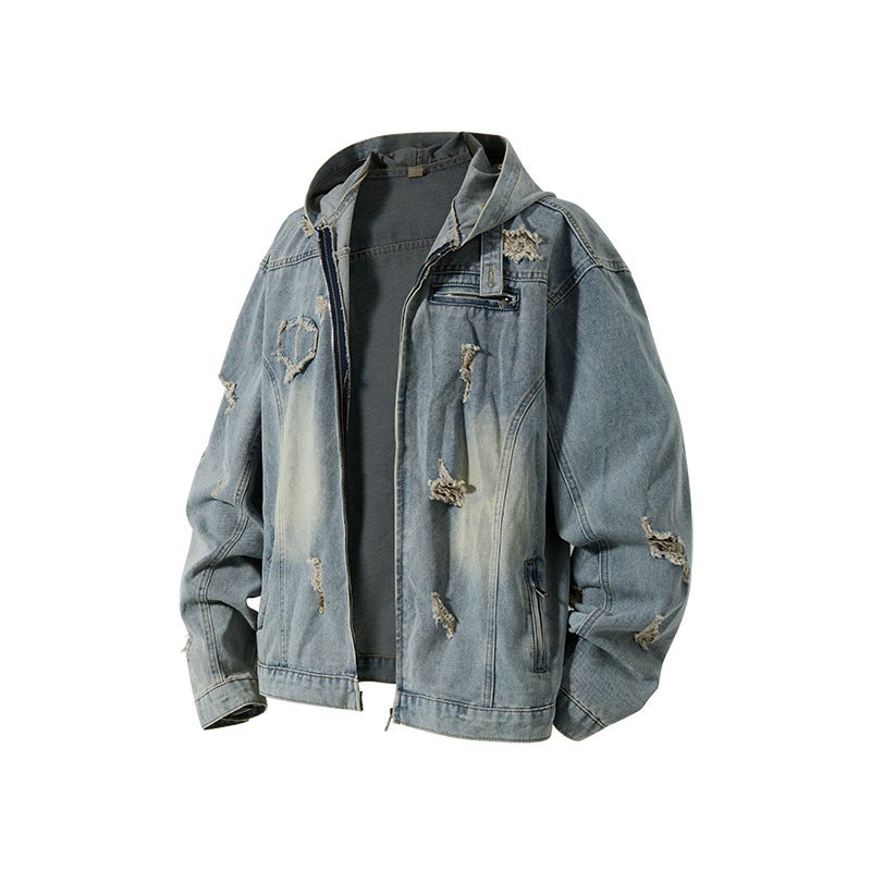 American Retro Washed Distressed Ripped Hooded Denim Jacket For Men And Women High Street Loose Cleanfit Short Jacket - Image 2