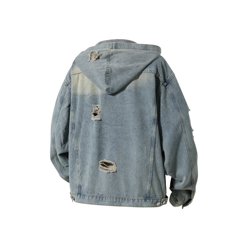 American Retro Washed Distressed Ripped Hooded Denim Jacket For Men And Women High Street Loose Cleanfit Short Jacket - Image 3