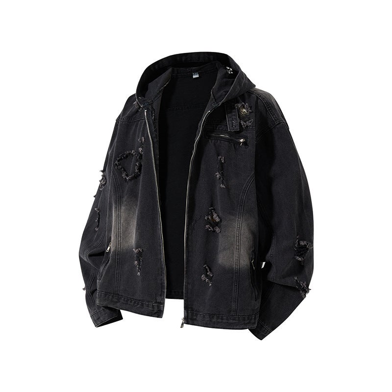 American Retro Washed Distressed Ripped Hooded Denim Jacket For Men And Women High Street Loose Cleanfit Short Jacket - Image 4