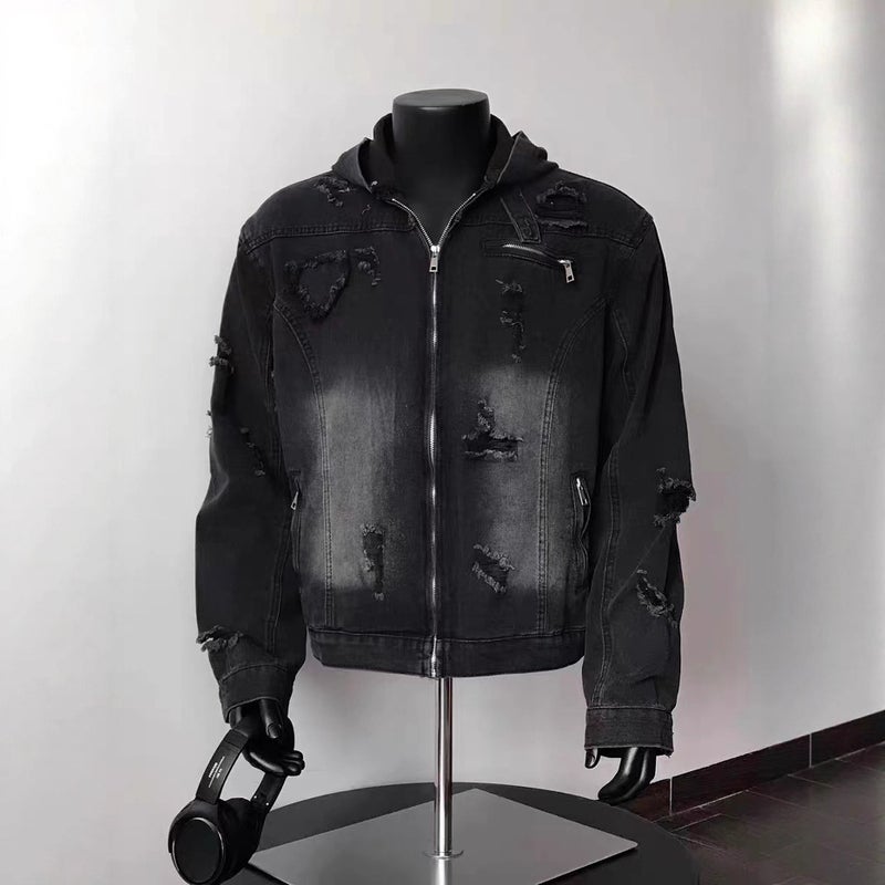 American Retro Washed Distressed Ripped Hooded Denim Jacket For Men And Women High Street Loose Cleanfit Short Jacket - Image 5