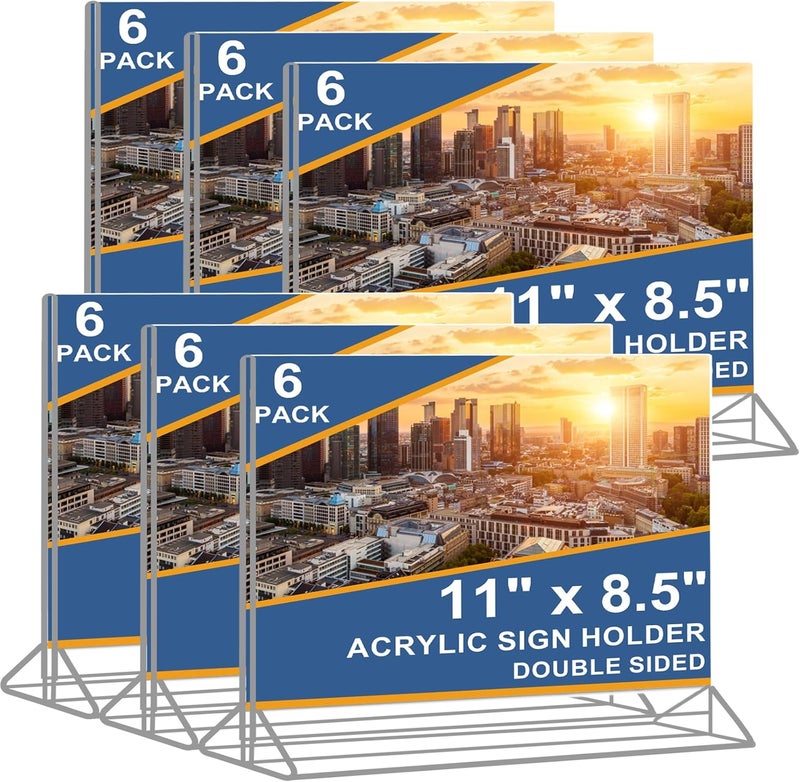 Seencool Horizontal Acrylic Sign Holder 8.5 x 11 - Double Sided T Shape Menu Table Stands, Plastic Paper Flyer Display Stand, Clear Picture Photo Frames for Wedding, Office, Store, Restaurant (6 Pack) - Image 1