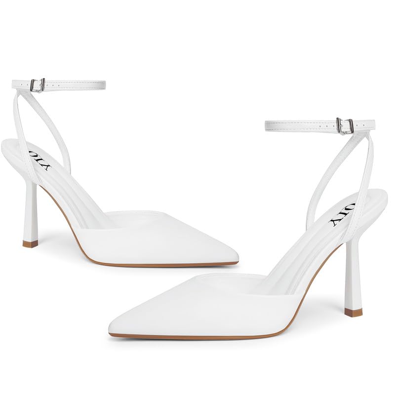 QIY White Heels Closed Toe Pointy Pointed Toe Heels for Women White Pumps Formal Dress Wedding Bridal Shoes High Heel Slingback Kitten Stiletto Ankle Strap Heel Size 7 - Image 3