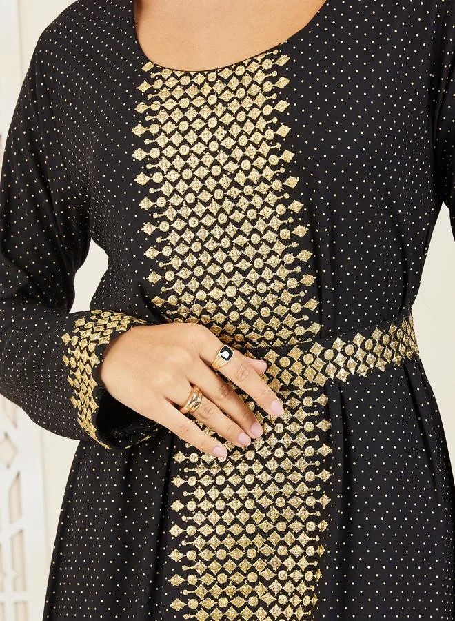 Styli Embroidered Spot Print Belted Jalabiya