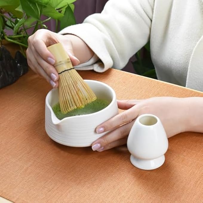 PINKE 4Pcs Matcha Making Set With Whisk And Bowl Matcha Spoon Whisk Holder Reusable Matcha Kit For Traditional Japanese Tea Ceremony Ideal For Beginners Tea Lovers And Tea Masters White - Image 2
