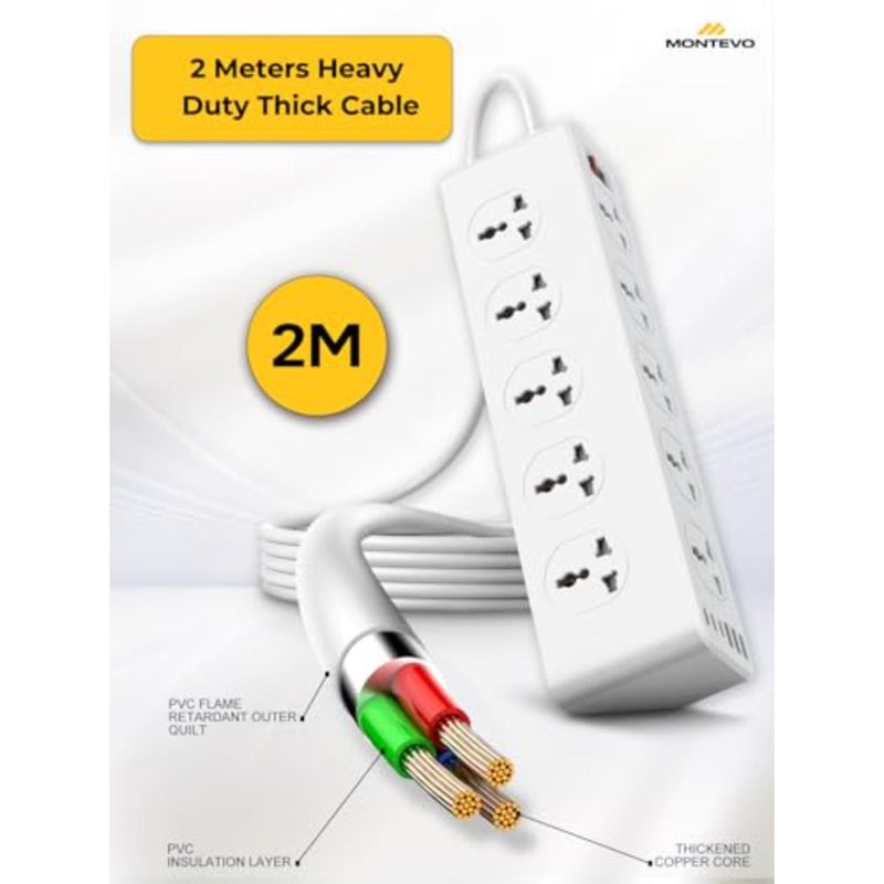سلك تمديد طاقة 10 طرق 2 متر، 6 منافذ USB 33 وات، 10 منافذ عالمية، 3 USB-C PD و3 USB-A، شحن سريع 33 وات، واقي من زيادة التيار عالي التحمل، يتضمن كابلين USB-C بطول 2 متر - Image 5