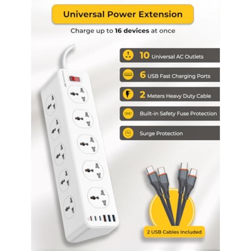 سلك تمديد طاقة 10 طرق 2 متر، 6 منافذ USB 33 وات، 10 منافذ عالمية، 3 USB-C PD و3 USB-A، شحن سريع 33 وات، واقي من زيادة التيار عالي التحمل، يتضمن كابلين USB-C بطول 2 متر - Image 2
