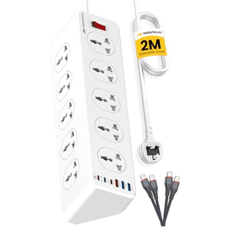سلك تمديد طاقة 10 طرق 2 متر، 6 منافذ USB 33 وات، 10 منافذ عالمية، 3 USB-C PD و3 USB-A، شحن سريع 33 وات، واقي من زيادة التيار عالي التحمل، يتضمن كابلين USB-C بطول 2 متر - Image 1