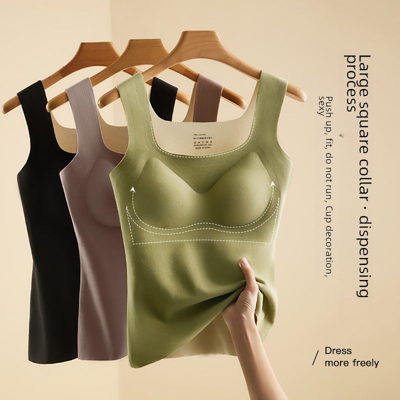Autumn and Winter de Velvet thermal underwear womens chest pad cold-proof thermal vest heating all-match seamless wear-free bottoming shirt 2308# Khaki - Image 5