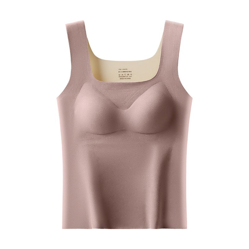 Autumn and Winter de Velvet thermal underwear womens chest pad cold-proof thermal vest heating all-match seamless wear-free bottoming shirt 2308# Khaki - Image 1