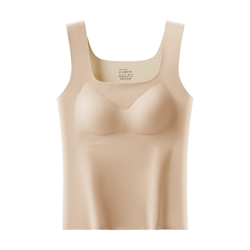Autumn and Winter de Velvet thermal underwear womens chest pad cold-proof thermal vest heating all-match seamless wear-free bottoming shirt 2308# Khaki - Image 2