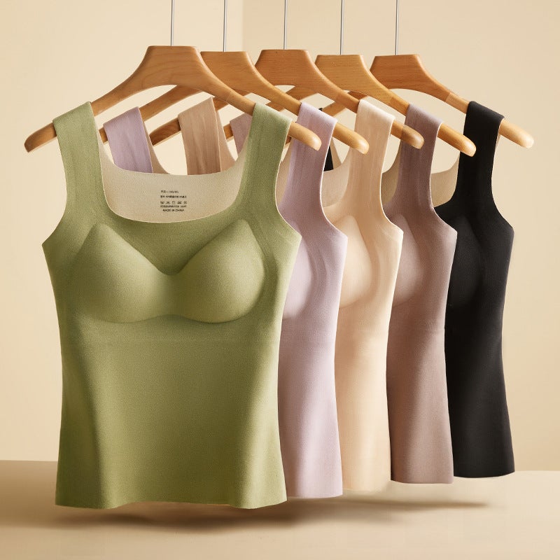 Autumn and Winter de Velvet thermal underwear womens chest pad cold-proof thermal vest heating all-match seamless wear-free bottoming shirt 2308# Khaki - Image 4