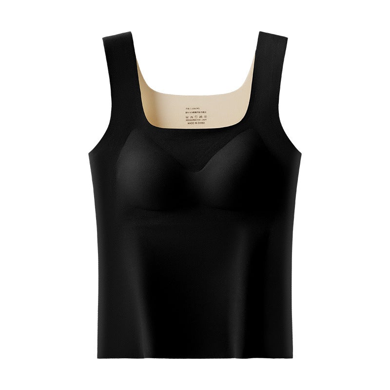 Autumn and Winter de Velvet thermal underwear womens chest pad cold-proof thermal vest heating all-match seamless wear-free bottoming shirt 2308# Khaki - Image 3