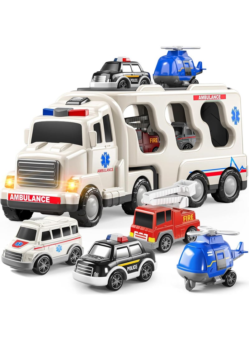 HALAMODO 7pcs Ambulance Toddler Truck Toy, Multi-Function Storage Ambulance Toy Set (1 Large Truck + 6 Small Cars) , Toddler Toy Truck ,Friction Power Vehicles, Includes Toy Helicopter Police Car Fire Truck And More Rescue Vehicles , Birthday Gift for Girls & Boys - Image 1