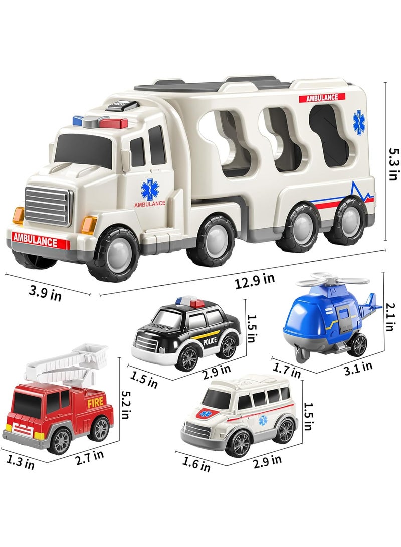 HALAMODO 7pcs Ambulance Toddler Truck Toy, Multi-Function Storage Ambulance Toy Set (1 Large Truck + 6 Small Cars) , Toddler Toy Truck ,Friction Power Vehicles, Includes Toy Helicopter Police Car Fire Truck And More Rescue Vehicles , Birthday Gift for Girls & Boys - Image 2