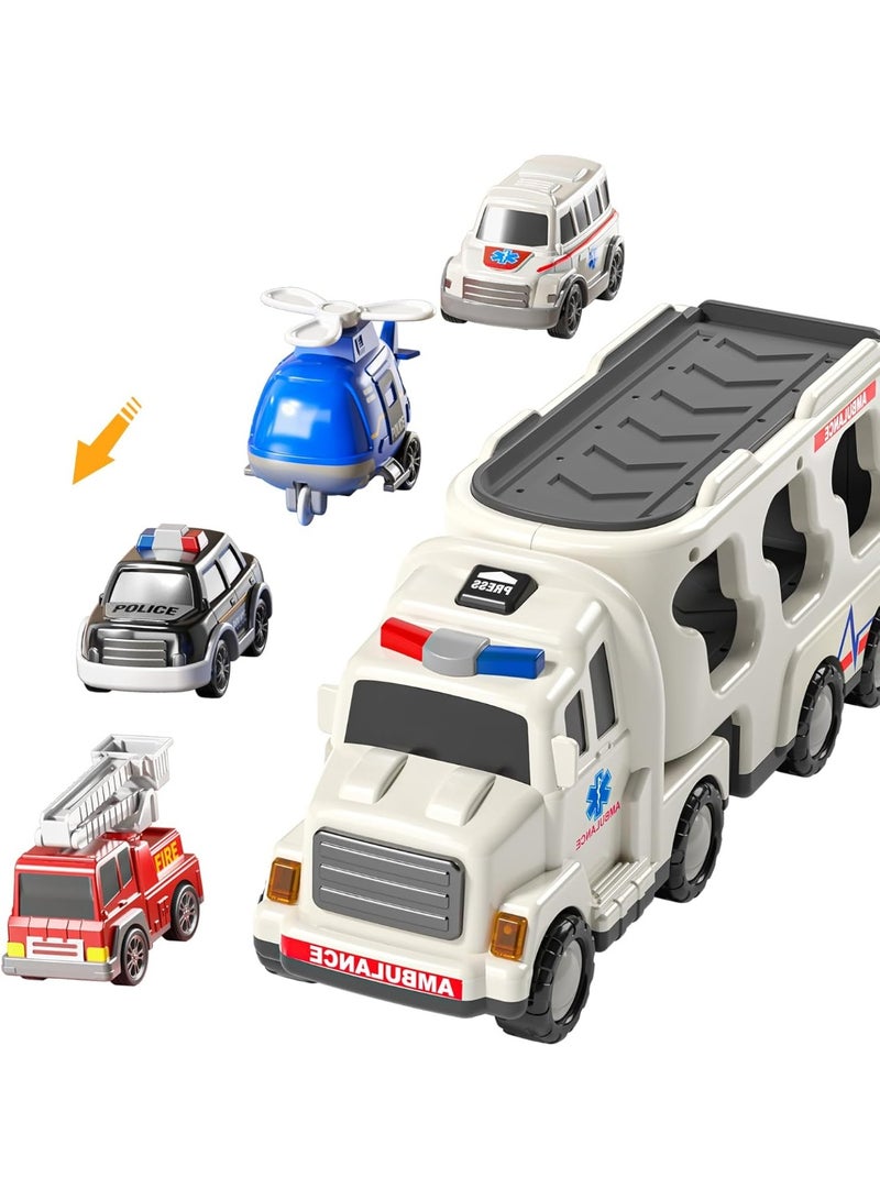 HALAMODO 7pcs Ambulance Toddler Truck Toy, Multi-Function Storage Ambulance Toy Set (1 Large Truck + 6 Small Cars) , Toddler Toy Truck ,Friction Power Vehicles, Includes Toy Helicopter Police Car Fire Truck And More Rescue Vehicles , Birthday Gift for Girls & Boys - Image 3
