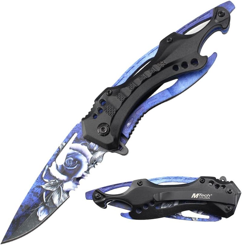 MTECH USA Folding Knife, 3.75-Inch Half-Serrated Blade, Titanium Coating, Glass Breaker, Pocket Clip - Image 1