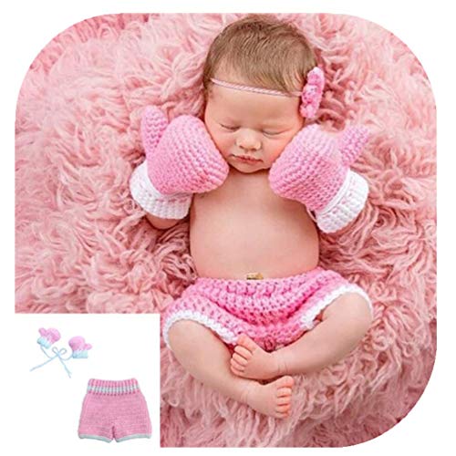 Vedory Cute Newborn Boy Girl Baby Crochet Knitted Outfits Photography Shoot Props Boxing Style Glove Pants (Pink) - Image 2