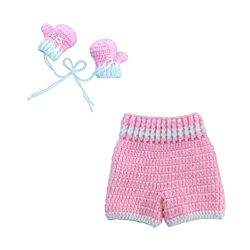 Vedory Cute Newborn Boy Girl Baby Crochet Knitted Outfits Photography Shoot Props Boxing Style Glove Pants (Pink) - Image 3