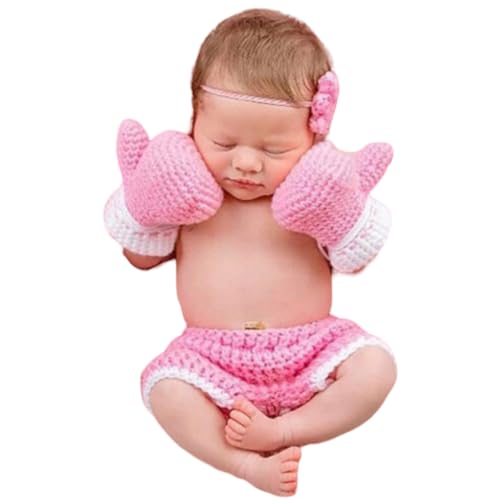 Vedory Cute Newborn Boy Girl Baby Crochet Knitted Outfits Photography Shoot Props Boxing Style Glove Pants (Pink) - Image 5