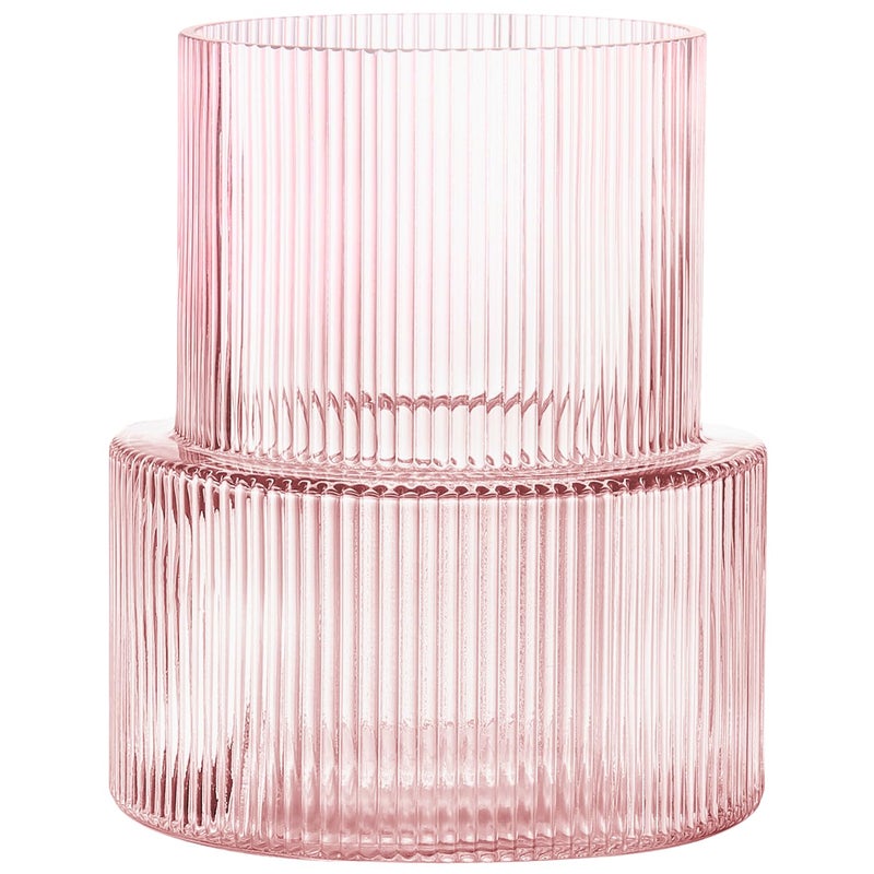 YANWE1 Pink Glass Vase, Ribbed Glass Vase for Tulips, Flower Vases for Bouquet, Pink Modern Vases for Living Room, Dining Table, Entryway, Mantle, Shelf, Wedding, Office, 7.5 Inches - Image 1