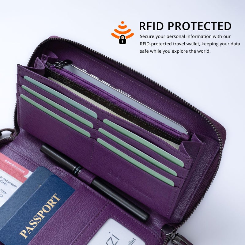 منظم وثائق السفر بطبقة حماية ضد تقنية RFID من جلد فاخر، محفظة لعدة جوازات سفر مع حامل للهوية وحزام لل wrist - Image 4