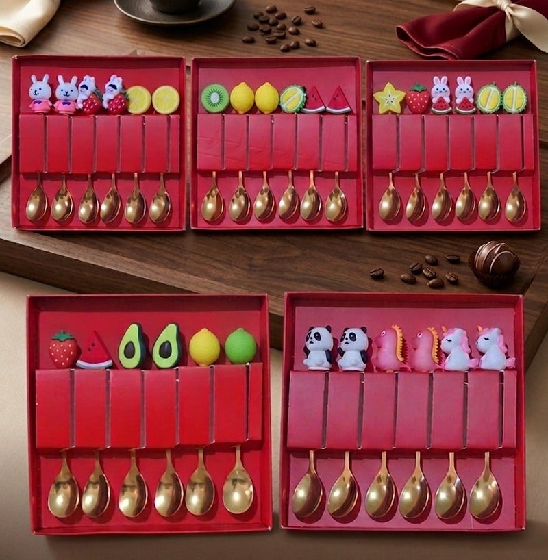 Set of 6 spoons different designs, Stainless Steel Coffee Spoons, Dessert Spoons, Beautiful Spoons, Stainless Steel, Suitable for Fruit, Cake, Coffee, Hot Drinks, Ice cream - Image 1