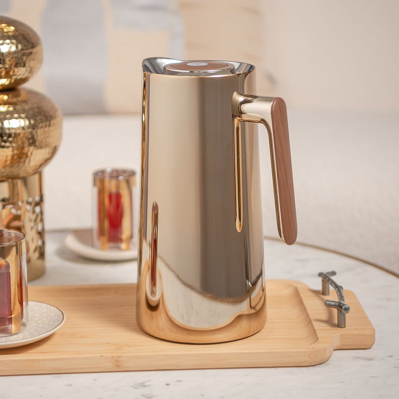 Dallaty 1L champagne gold steel vacuum flask with wooden handle - Image 1