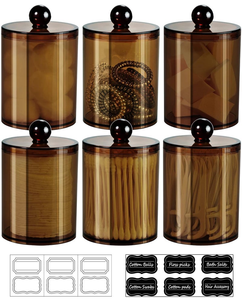 SheeChung 6 Pack Acrylic Qtip HolderApothecary Jars Set with Lids10oz 12oz Clear Plastic CanisterBathroom Vanity Organizer for Cotton SwabsBallsPadsModern Farmhouse Home Decor Amber
