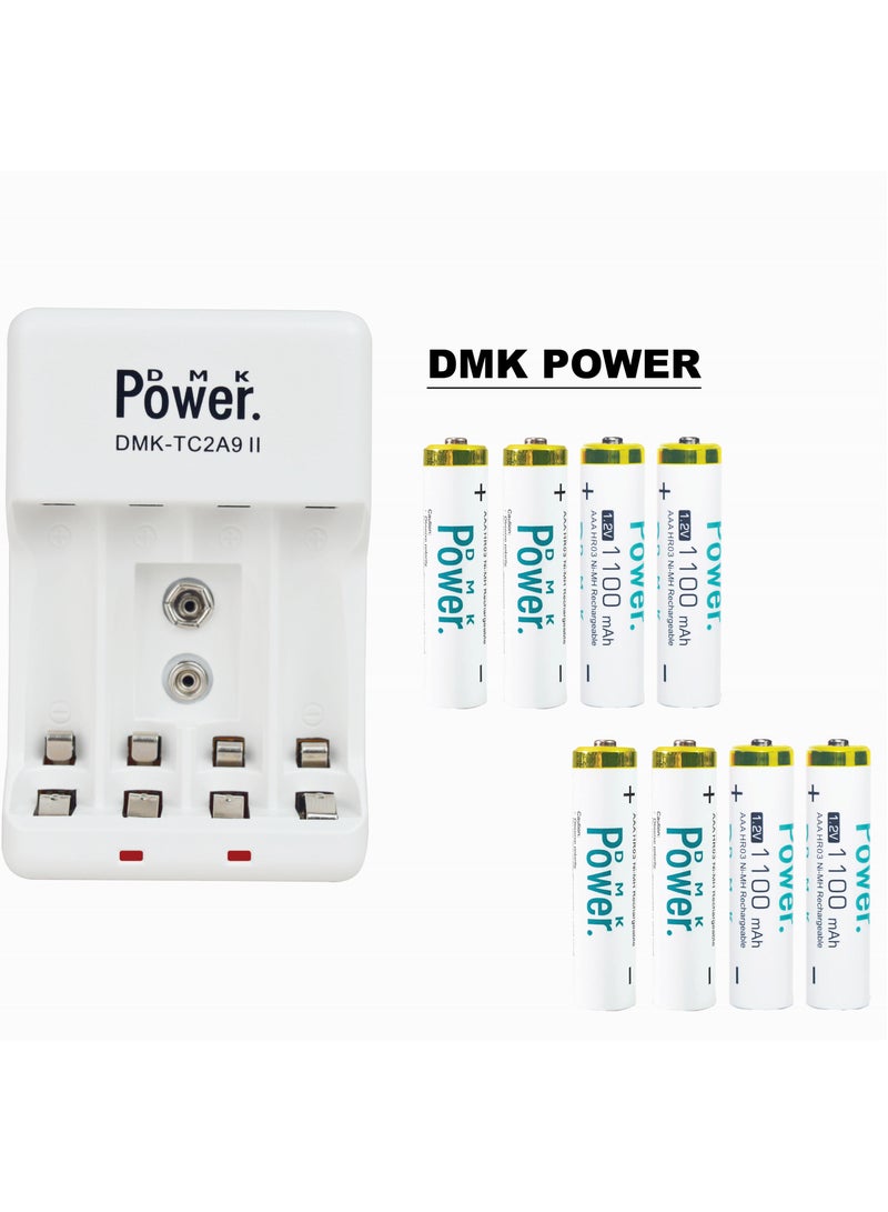 DMK Power DMK باور 8 قطع بطاريات AAA قابلة لإعادة الشحن 1100mAh 1.2v NIMH مع شاحن البطارية TC2A9 II حل طاقة محمول لبطاريات AA AAA 9V القابلة لإعادة الشحن في أي وقت وأي مكان... - Image 1