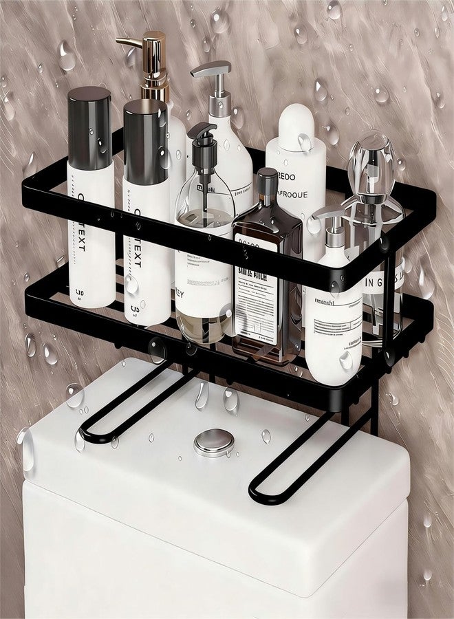 Aivralume Bathroom Organizer Shelf - Over The Toilet Storage Rack, 2-Tier Floating Shelves with Hooks, No-Drill, Toilet Paper Holder for Restroom Bathroom Vanity Kitchen (Black, 1 Tier) - Image 1