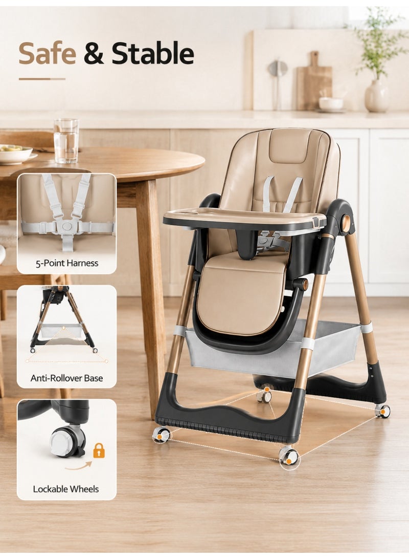 VINNYSEN Multi-functional Foldable High Chair | Adjustable & Convertible Baby Recliner High Chair for Infant to Toddler | Space Saving Portable Baby Feeding Chair with Wheels & Storage Basket - Image 5