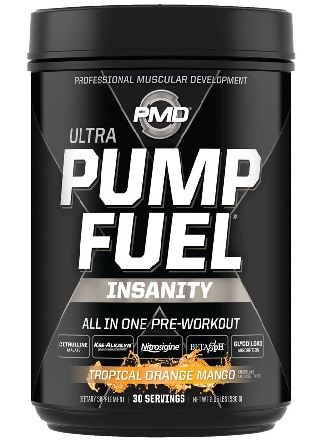 PMD - Sports Ultra Pump Fuel Insanity - Pre Workout Drink Mix for Energy, Strength, Endurance, Recovery - Complex Carbohydrates and Amino Energy - Tropical Orange Mango (30 Servings) - Image 1
