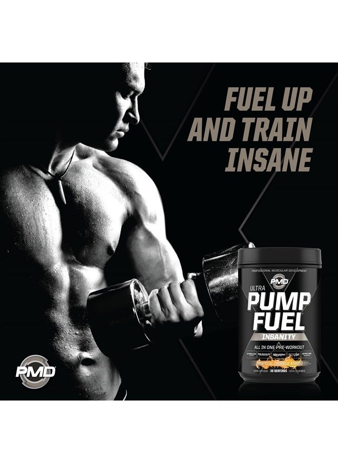 PMD - Sports Ultra Pump Fuel Insanity - Pre Workout Drink Mix for Energy, Strength, Endurance, Recovery - Complex Carbohydrates and Amino Energy - Tropical Orange Mango (30 Servings) - Image 1