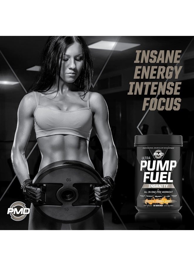 PMD - Sports Ultra Pump Fuel Insanity - Pre Workout Drink Mix for Energy, Strength, Endurance, Recovery - Complex Carbohydrates and Amino Energy - Tropical Orange Mango (30 Servings) - Image 1