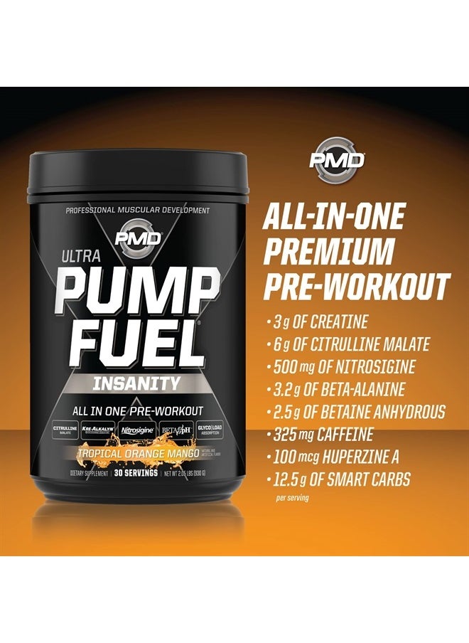 PMD - Sports Ultra Pump Fuel Insanity - Pre Workout Drink Mix for Energy, Strength, Endurance, Recovery - Complex Carbohydrates and Amino Energy - Tropical Orange Mango (30 Servings) - Image 1