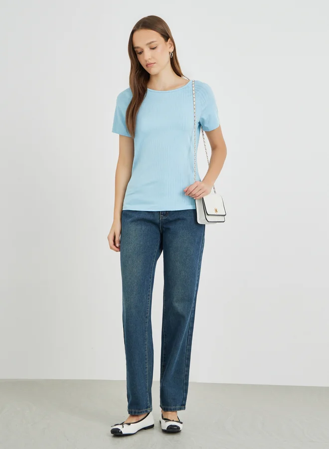 تايك تو Take Two Textured Round Neck Short Sleeve T-Shirt